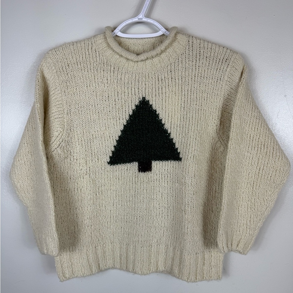Gap Girls Sweater Wool Blend‎ Cream Green Crewneck Christmas Holiday Small NWT
